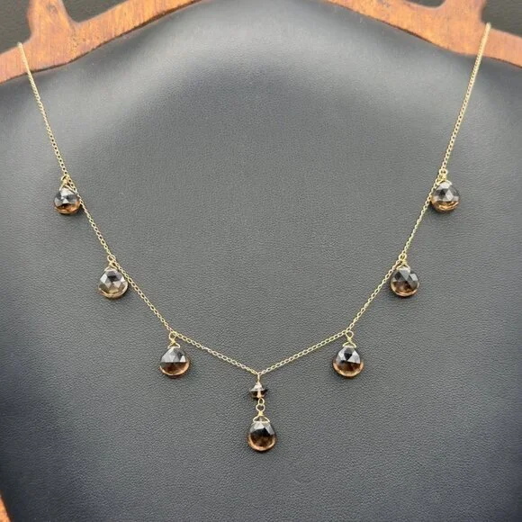14K Yellow Gold Faceted Smoky Quartz Necklace Pear Shaped Drops Dangle - Picture 1 of 10